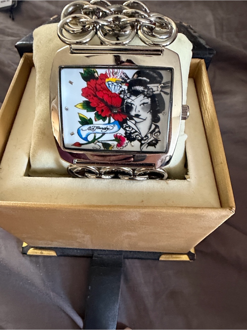 Ed Hardy Silver Bracelet Watch with Red Floral Tattoo Dial